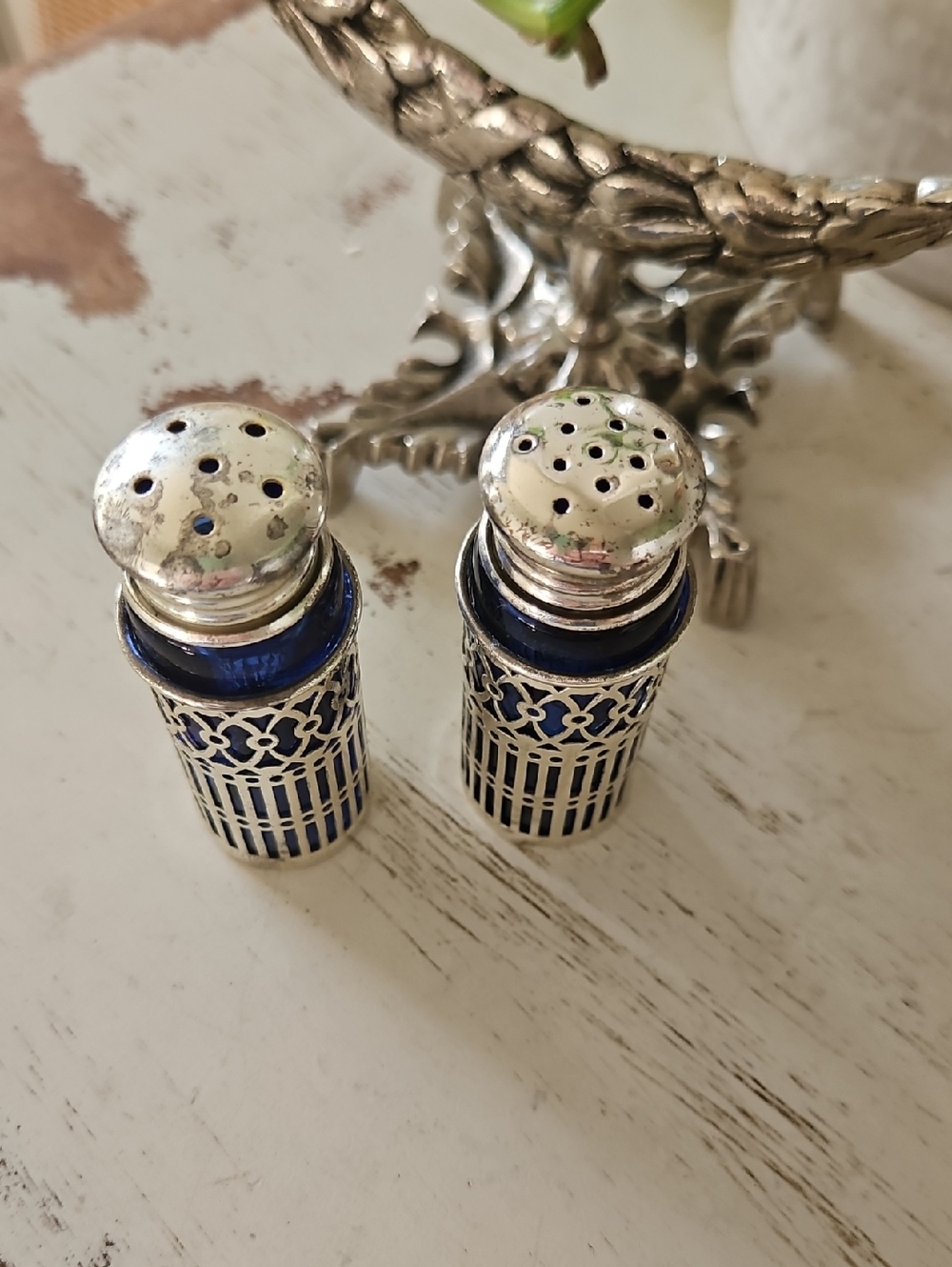 Silver Plate And Cobalt Blue Glass Salt and Pepper Shakers - Picture 2 of 4